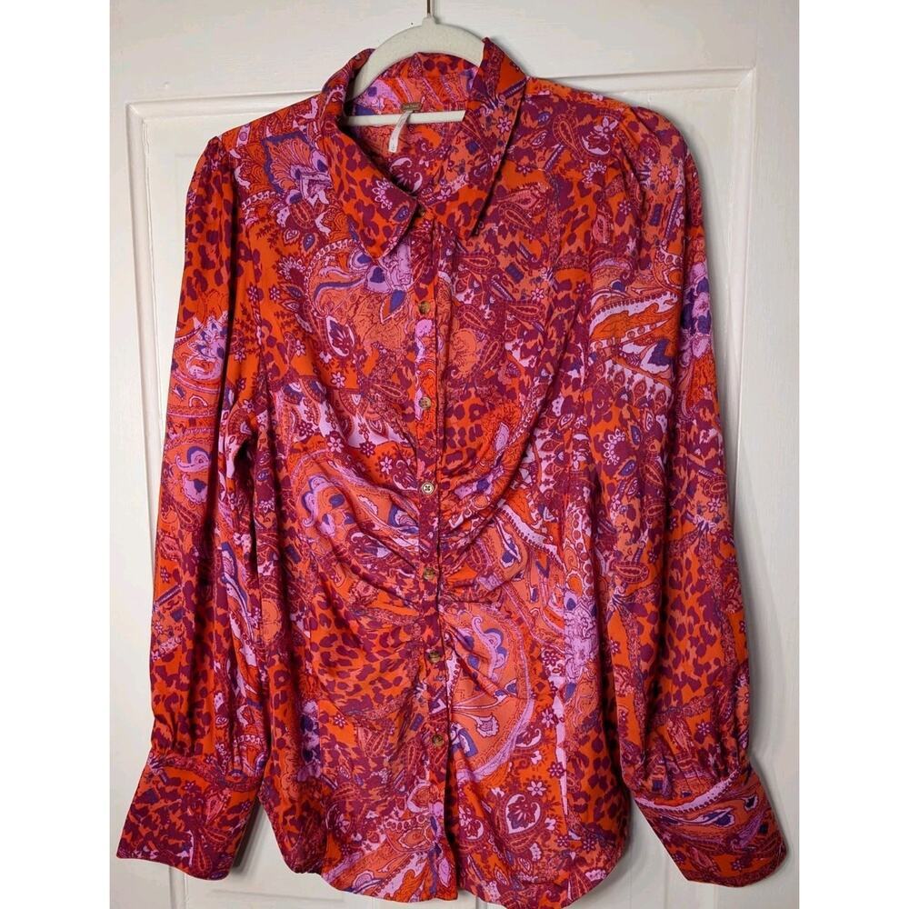Free People Bianca Paisley Animal Long Sleeve Boho Blouse L(791)
